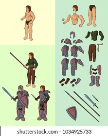 Set of half elves v1. Character with full plate armour: Vector cartoon half elf body parts with epic equipment	