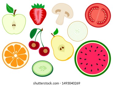 Set of half fruits and vegetables. Apple, strawberry, mushroom, tomato, onion, pear, cherry, orange citrus, cucumber, watermelon. Vector illustration