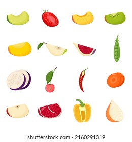 Set of half fruits and vegetables slices. Vegetarian food, healthy eating concept. Avocado, peach, fig, cherry, kiwi, pear, pepper tomatoes Flat vector illustration