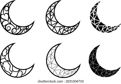 Set of half moon in line art style. Low poly moon shape design can be used in religious occasions like Ramadan or any other events related to crescent. Silhouette can be used as a symbol or logo too. 