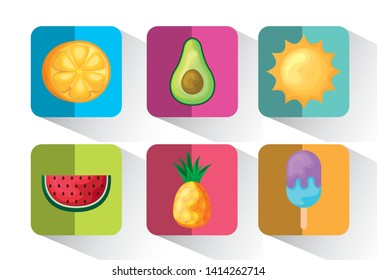 set of half orange with pineapple and icons