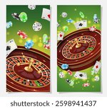 Set half page advertising banners with golden casino roulette, wheel, flying poker chips, tokens, playing cards, dices, around on green background with lights, bokeh. Vector illustration