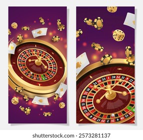 Set half page advertising banners with golden casino roulette, wheel, flying poker chips, tokens, white playing cards, dices, around on purple background with lights, bokeh. Vector illustration