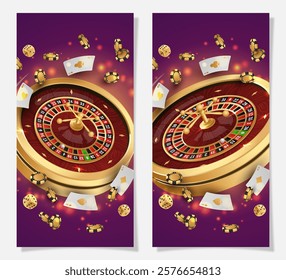 Set half page advertising banners with golden casino roulette, wheel, flying poker chips, tokens, white playing cards, dices, around on purple background with lights, bokeh. Vector illustration