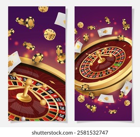 Set half page advertising banners with golden casino roulette, wheel, flying poker chips, tokens, white playing cards, dices, around on purple background with lights, bokeh. Vector illustration