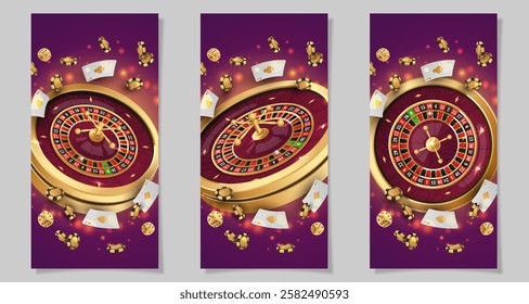 Set half page advertising banners with golden casino roulette, wheel, flying poker chips, tokens, white playing cards, dices, around on purple background with lights, bokeh. Vector illustration