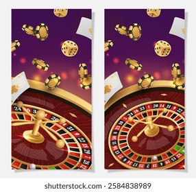 Set half page advertising banners with golden casino roulette, wheel, flying poker chips, tokens, playing cards, dices, around on purple background with lights, bokeh. Vector illustration