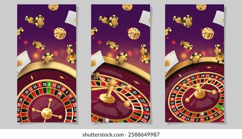 Set half page advertising banners with golden casino roulette, wheel, flying poker chips, tokens, playing cards, dices, around on purple background with lights, bokeh. Vector illustration