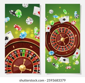 Set half page advertising banners with golden casino roulette, wheel, flying poker chips, tokens, playing cards, dices, around on green background with lights, bokeh. Vector illustration