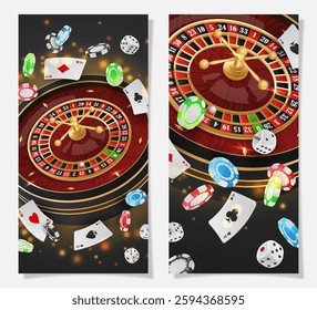 Set half page advertising banners with golden casino roulette, wheel, flying poker chips, tokens, playing cards, dices, around on green background with lights, bokeh. Vector illustration