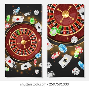 Set half page advertising banners with golden casino roulette, wheel, flying poker chips, tokens, playing cards, dices, around on black background with lights, bokeh. Vector illustration