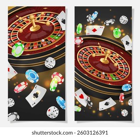 Set half page advertising banners with golden casino roulette, wheel, flying poker chips, tokens, playing cards, dices, around on black background with lights, bokeh. Vector illustration