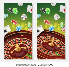 Set half page advertising banners with golden casino roulette, wheel, flying poker chips, tokens, playing cards, dices, around on green background with lights, bokeh. Vector illustration