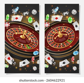 Set half page advertising banners with golden casino roulette, wheel, flying poker chips, tokens, playing cards, dices, around on black background with lights, bokeh. Vector illustration