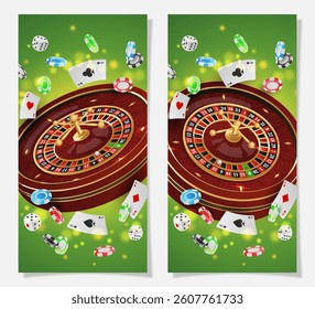 Set half page advertising banners with golden casino roulette, wheel, flying poker chips, tokens, playing cards, dices, around on green background with lights, bokeh. Vector illustration