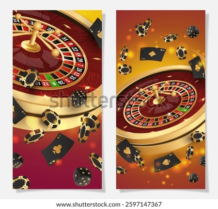 Set half page advertising banners with golden casino roulette, wheel, flying poker chips, tokens, playing cards, dices, around on red background with lights, bokeh. Vector illustration
