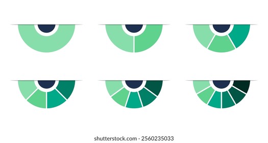 Set of half pie chart diagrams. half Circles cut separated on1,2,3, 4,5, 6, with empty middle,simple flat design vector illustration.with drop shadow line

