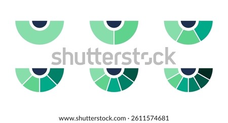 Set of half pie chart diagrams. half Circles cut separated on1,2,3, 4,5, 6, with empty middle,simple flat design vector illustration