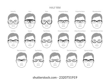 Set of Half Rim frame glasses on men face character fashion accessory illustration. Sunglass front view unisex silhouette style, rim spectacles eyeglasses, lens sketch style outline isolated on white