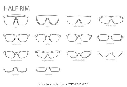 Set von Half Rim Rahmen Brillen Mode Accessoire Illustration. Sonnenbrillenfront für Männer, Frauen, unisex-Silhouettenstil, Flachbrille mit Felgen, Umriss im Stil von Objektivskizzen einzeln auf Weiß