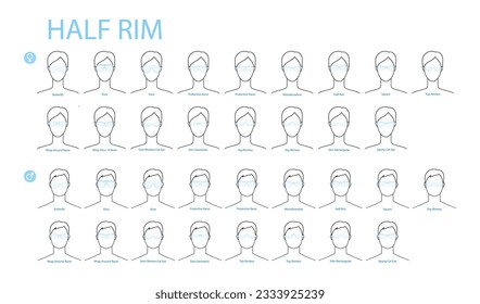 Set of Half Rim frame glasses fashion accessory illustration. Sunglass front view for Men, women, unisex silhouette style, flat rim spectacles eyeglasses, lens sketch style outline isolated on white