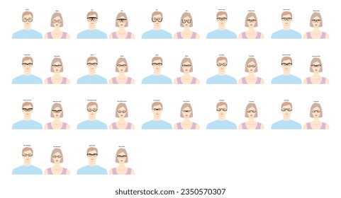 Set of Half Rim frame glasses on women and men flat character fashion accessory illustration. Sunglass front view silhouette style, flat rim spectacles eyeglasses, lens sketch style outline isolated