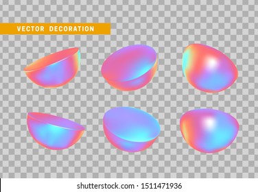 Set Half round sphere volumetric ball. 3d holographic Geometric Shapes Objects. Realistic geometry elements on hologram color gradient. Render Decorative figure for design. vector illustration
