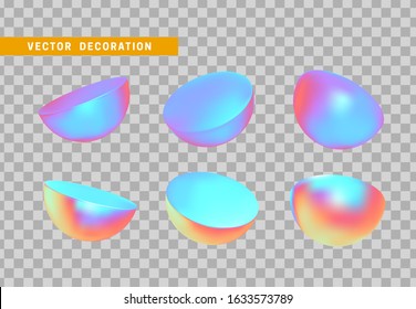 Set Half round sphere volumetric ball. 3d holographic Geometric Shapes Objects. Realistic geometry elements on hologram color gradient. Render Decorative figure for design. vector illustration