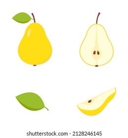 Set of half, slice and whole of juicy yellow pear. Cute fresh sliced pears collection. Vector isolated on white.