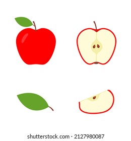 Set of half, slice and whole red apple. Cute fresh sliced apple group. Vector isolated on white.