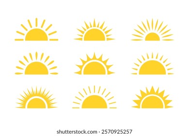 Set of half sun icon, sunrise ray, morning light burst, summer symbol. Yellow sun icon set. Hot solar energy for tan.
