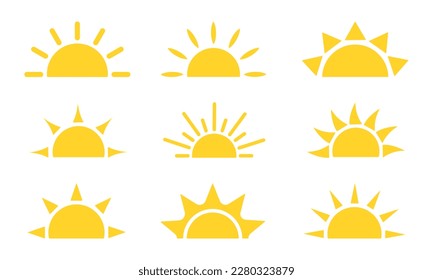 Set of half sun vector icons. Yellow sunrise or sunset. Solar beams. Vector 10 Eps.