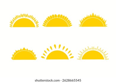 Set of half sun vector illustrations. Yellow sunrise or sunset. Elements for logo of sunrise, sunset