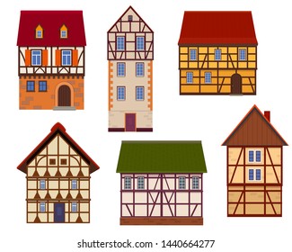 Set of half timbered houses on white background. Timber framed buildings. Vector illustration