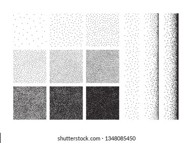 Set Of Half Tone Dot Background, Seamless Pattern. Hand Made Stipple Effect. Vector Illustration Isolated On White