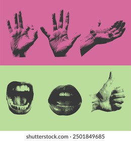 Set of half tone hand gestures and mouth. Vector illustration. Abstract Grunge style.