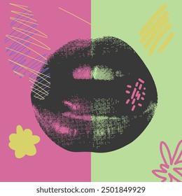 Set of half tone hand gestures and mouth. Vector illustration. Abstract Grunge style.