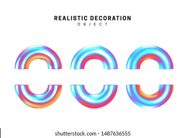 Set half torus. Donut Realistic geometric shapes with holographic color gradient. Hologram decorative design elements isolated white background. 3d objects shaped blue color. vector illustration.