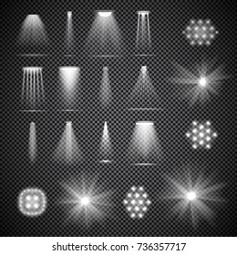 Set of half transparent spotlights with smoke. Various stage lights. Vector illustration for your graphic design.