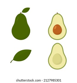 Set of half and whole of green avocado. Cute fresh avocado collection. Vector isolated on white.