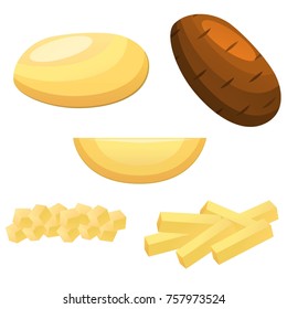 Set of half and whole potato, french fries isolated on white background