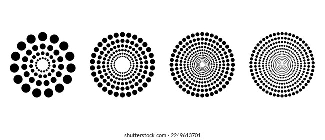 Conjunto de puntos negros abstractos de medio tono sobre fondo blanco. Efecto espiral y radial. Marco circular. 