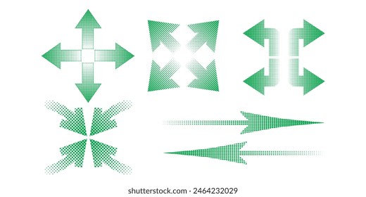 Set of halftone arrow dotted pointer direction. Dotted halftone arrow in green color vector.