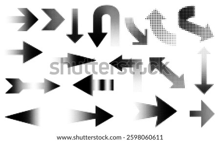 Set of halftone arrows in black and white. Abstract dotted arrow symbols with gradient effects for direction, navigation, infographic elements, and graphic design projects.