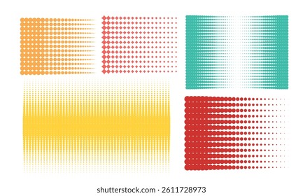 A set of halftone backgrounds with various shapes and color gradients, creating a dynamic and modern visual. This image showcases halftone patterns in different colors and shapes