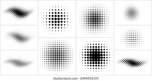 Set of halftone brush, dots curved gradient pattern. Grunge dotted  half tone spot. Circle shape dot texture. Vector background