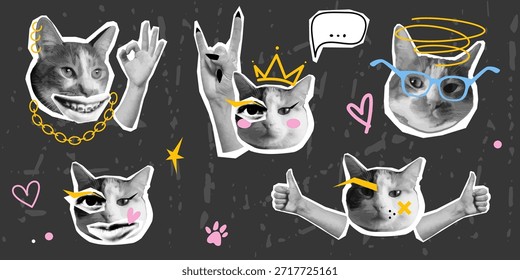 Conjunto de adesivos de gato de meio-tom com gestos de mão. Retratos de Pet para colagens, arte digital em estilo pop pontilhado. Colagem na moda com personagens engraçados. Adesivos Grunge para design moderno e fresco
