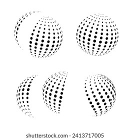 Set of halftone circle 3d spheres. doted circle element, treatment, cosmetic. half Globe icon using circle line raster texture, Vector illustration, half dot circle, half globe, globe icon, 3d doted c