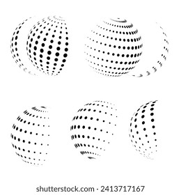 Set of halftone circle 3d spheres. doted circle element, treatment, cosmetic. half Globe icon using circle line raster texture, Vector illustration, half dot circle, half globe, globe icon