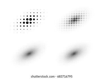 Set of halftone circle dots backgrounds. Collection of diagonal ovals using halftone texture for logo or emblem. Vector design elements.